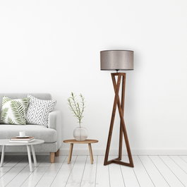 Opviq Lámpara de Pie de Madera Nogal con Pantalla de Tela Cilíndrica